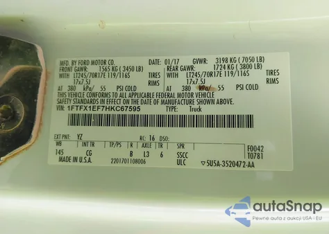 2017 Ford F-150 Xl z USA, uszkodzony, nr VIN 1FTFX1EF7HKC67595